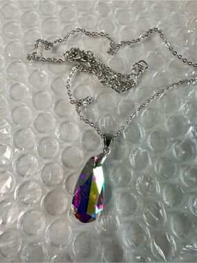 Aurora Teardrop Crystal Pendant Necklace - Silver